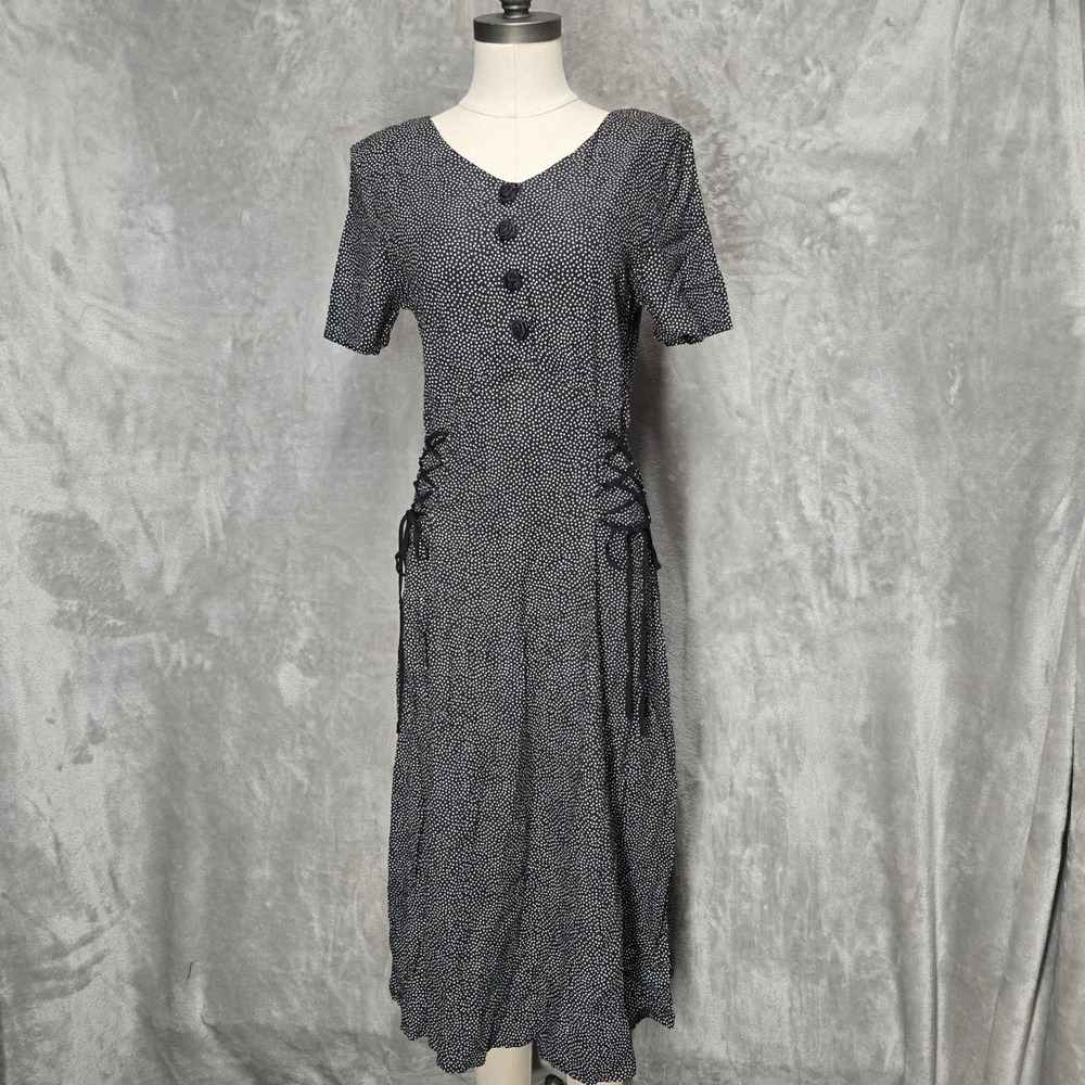 Pellini Dress Polka Dot Midi Babydoll VNeck Flower Button Lace‎ Up Sides 9/10